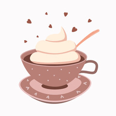 A cup of coffee with lush foam on a saucer in pastel colors on a white background, vector.Cups are decorated with hearts,points,spoon, lush foam