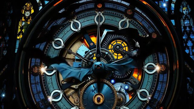 Enchanting clockwork design with bat silhouette on ornate steampunk clockface embracing whimsigothic design