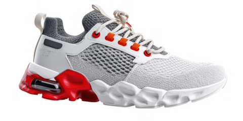 Modern sports shoe with red sole, knit upper, and detailed lace structure on isolated background