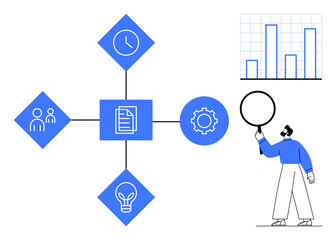 Workflow diagram with icons for teamwork, time, ideas, documents, and processes. Bar graph and person using magnifier add analysis and insight. Ideal for project management, teamwork, data analysis