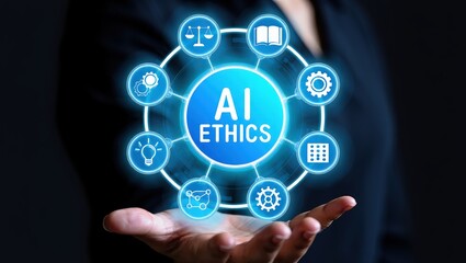 AI ethics and law in artificial intelligence governance. Icons related to AI ethics, symbols of legal scales, security, and global responsibility. ethical standards and regulations in AI technology.