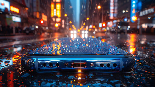 Water-resistant Smartphone Lying On Wet Pavement Surface With Big City Streets Bokeh Lights At Night - Powered by Adobe
