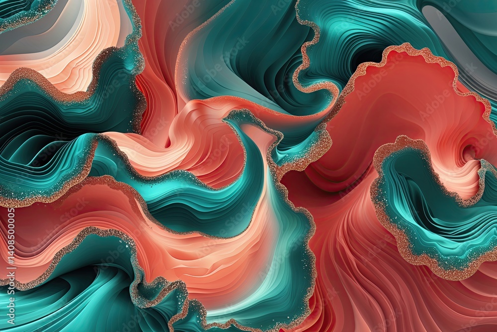 Poster lush teal and coral gradients with dynamic shimmering edges in a vibrant motion background