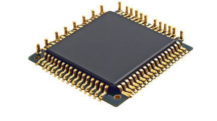 Close-Up of Microchip with Gold-Plated Pins on Clean White Background – Advanced Technology, Computer Hardware, and Electronic Component Design for Digital Innovation