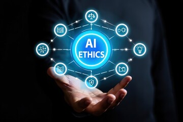 AI ethics and law in artificial intelligence governance. Icons related to AI ethics, symbols of legal scales, security, and global responsibility. ethical standards and regulations in AI technology.