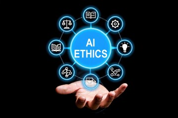 Fototapeta premium AI ethics and law in artificial intelligence governance. Icons related to AI ethics, symbols of legal scales, security, and global responsibility. ethical standards and regulations in AI technology.