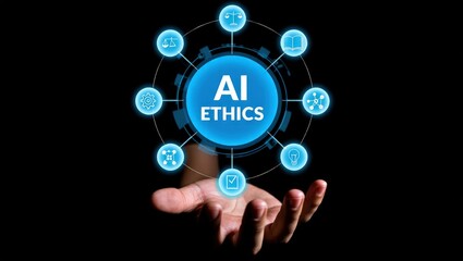 AI ethics and law in artificial intelligence governance. Icons related to AI ethics, symbols of legal scales, security, and global responsibility. ethical standards and regulations in AI technology.