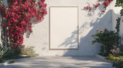 Vibrant Bougainvillea Garden Scene with Blank Poster Frame on Rustic White Wall in Sunlit Patio Minimalist