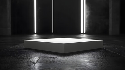 Dark Gallery Setting with Sleek White Pedestal Illuminated by Vertical Neon Lights on Glossy Floor