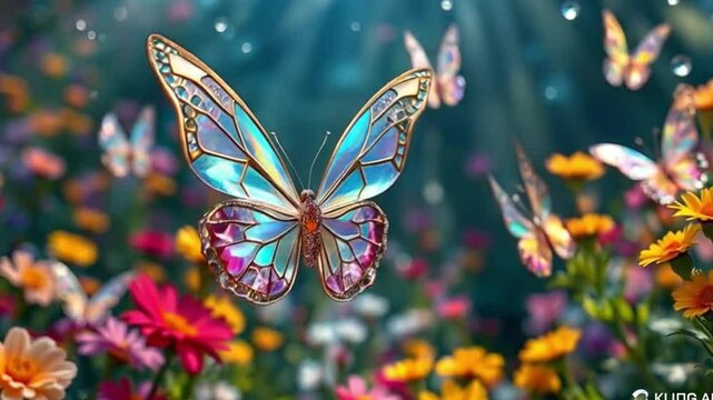 Majestic Crystal Butterflies with Stained Glass Wings Fluttering Amid Colorful Flowers in Enchanted Garden