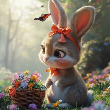 Charming Bunny with Orange Bow in Lush Garden Surrounded by Colorful Flowers and Butterflies