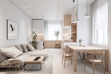 A minimalist Scandinavian-style apartment with soft lighting and clean aesthetics