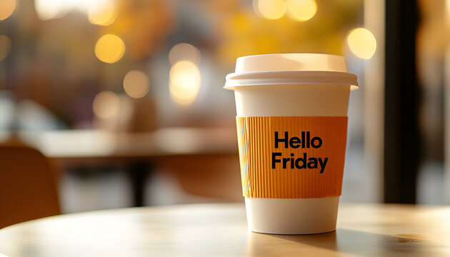 Hello friday coffee cup AI generated. hello friday coffee cup stand on table