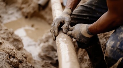 Obraz premium Plumber fixing water pipes at a construction site. Featuring precision and skill