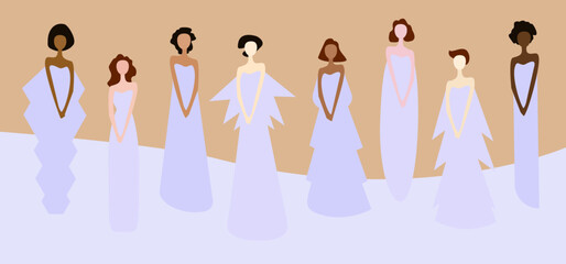 Isolated young women standing in violet dress. set on a light backgrond. Simple figure without face.Illustrations of women with different hairstyles, skin color. Their clothes are in blue, purple