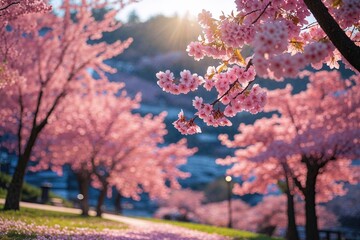Vibrant Cherry Blossoms in Sunlit Blurry Hillside Park
