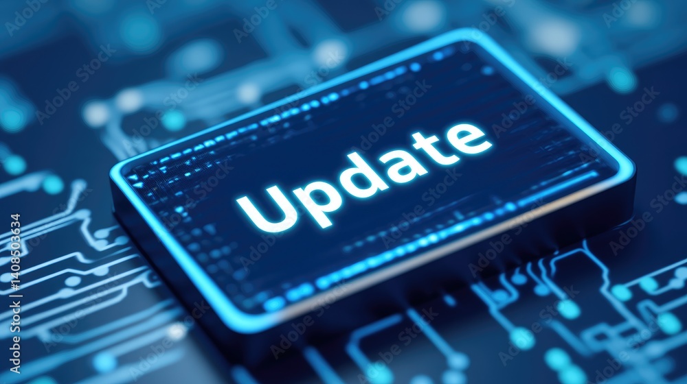 Poster digital button with update text on circuit board background