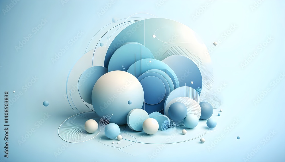 Poster abstract background featuring overlapping soft blue circles and 3d spheres in a minimalist pastel co