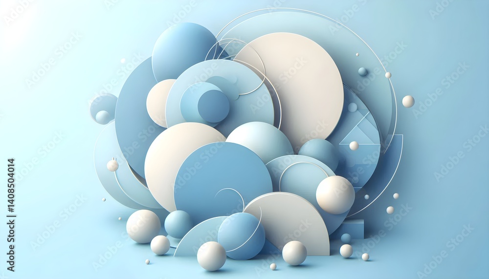 Poster clean geometric scene where pastel blue tones blend with soft circular shapes and subtle 3d elements