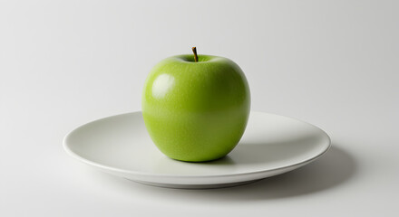 Bright Green Apple Presented on a White Plate with Clean Aesthetics