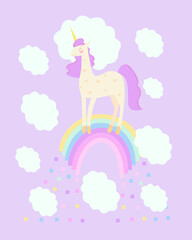 Cartoon unicorn standing on rainbow with clouds. Princess unicorn with a crown on her head with a pink and colorful mane on a light background