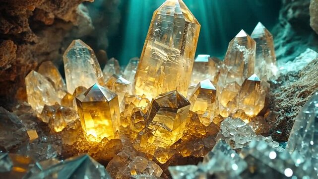 Glowing Citrine Crystals in a Mystical Cave