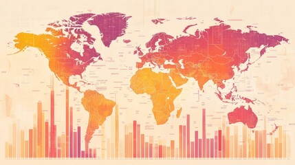 A global financial analysis, showing a world map and bar graphs to highlight economic trends and data from across the globe.
