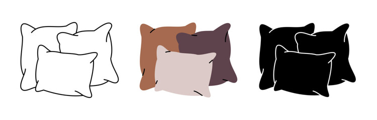 Three cozy pillows icon set. Warm fluffy pillows. Vector illustration.