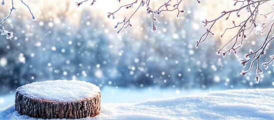 Snowy winter scene with a weathered log stump.