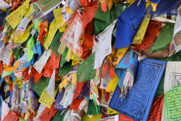 Close Up Of Numerous Colorful Tibetan Buddhist Prayer Flags (Lung Ta) Hanging And Fluttering,...