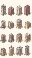 Variety of isometric city buildings in different hues and styles.