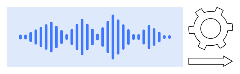 Blue audio waves signaling sound data, gear indicating processing or automation, arrow symbolizing forward motion. Ideal for technology, sound engineering, automation, innovation, communication