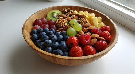 Wooden Bowl Filled With Fresh Fruits And Nuts Near Window Side