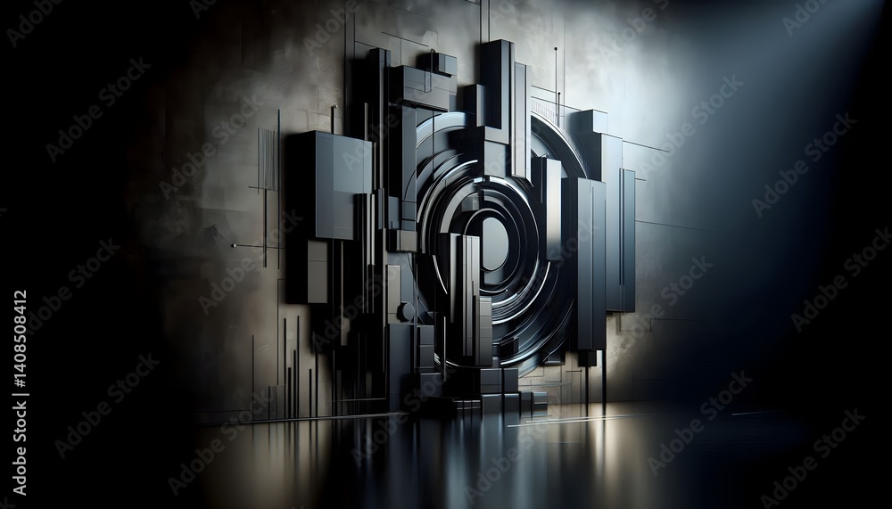 Poster abstract futuristic composition featuring sleek black geometric forms illuminated by soft light on a