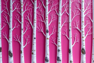 Whimsical Birch Trees on Vibrant Bubblegum Pink Surfaces