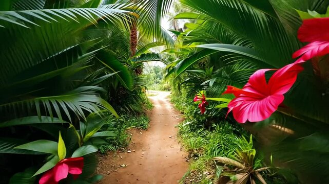 A dirt path lined with red hibiscus flowers and lush green tropical vegetation on either side