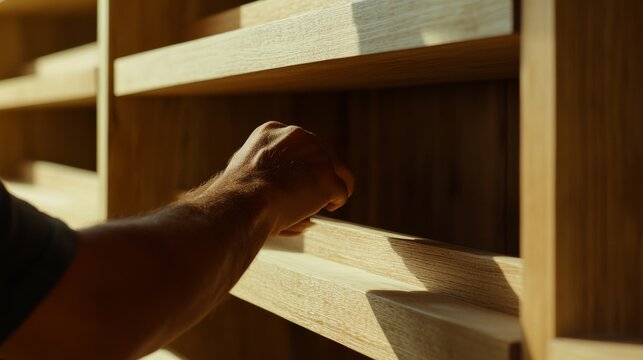 Hispanic carpenter building custom shelves in a workshop. Featuring carpentry and home projects