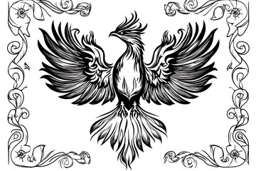Majestic Phoenix Illustration with Intricate Floral Borders
