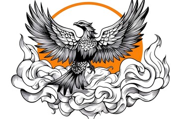 Fototapeta premium Majestic Phoenix Rising Above Clouds with Orange Sunset Background