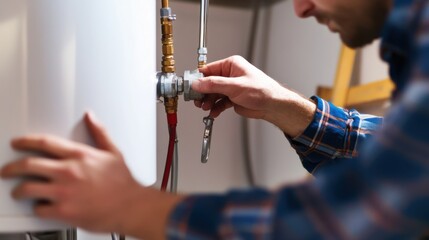 Plumber installing a water heater at a construction site. Featuring expertise and care
