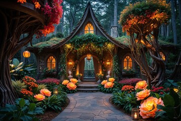 Fototapeta premium Enchanting Fairytale Retreat Surrounded by Lush Foliage and Illuminated Custom Flowers