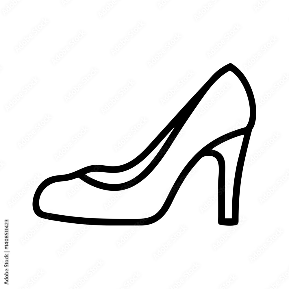 Poster outline drawing of a high heeled shoe with a pointed toe and a curved heel in black and white color 
