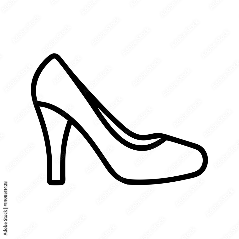 Poster illustration of a high heel shoe with a pointed toe and a curved heel in a simple line drawing style