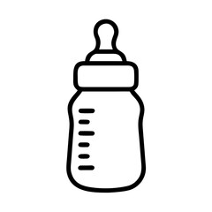 Illustration of a baby bottle with a nipple and measurement markings in a simple black outline style