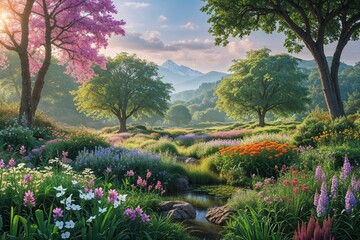 Obraz premium Tranquil Outdoor Nature Landscape Featuring Flowers and Trees in a Vibrant Ecosystem