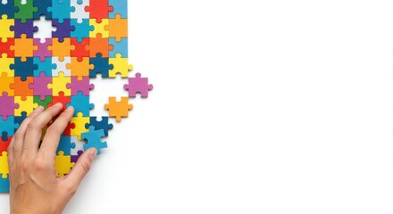 Colorful puzzle being completed by hand on white background, problem solving concept