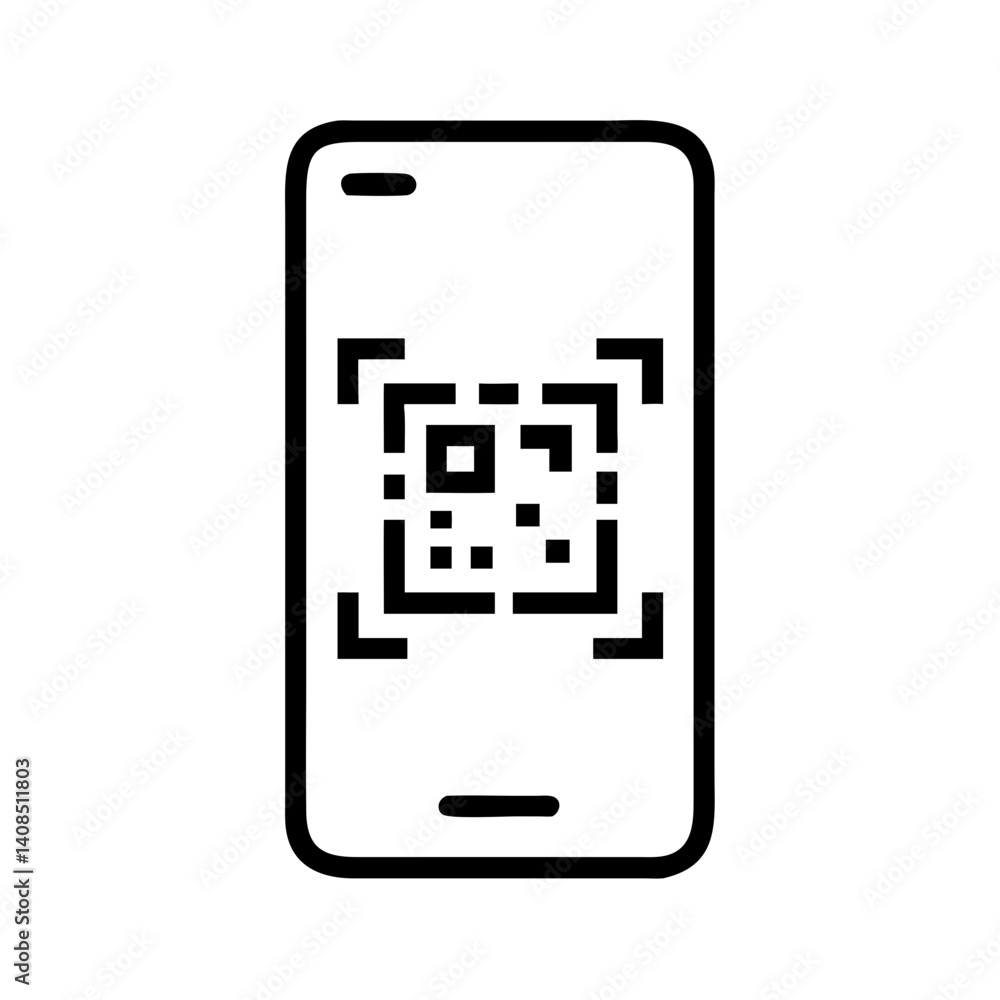 Poster smartphone displaying a qr code on its screen for scanning in a simple black and white line drawing 