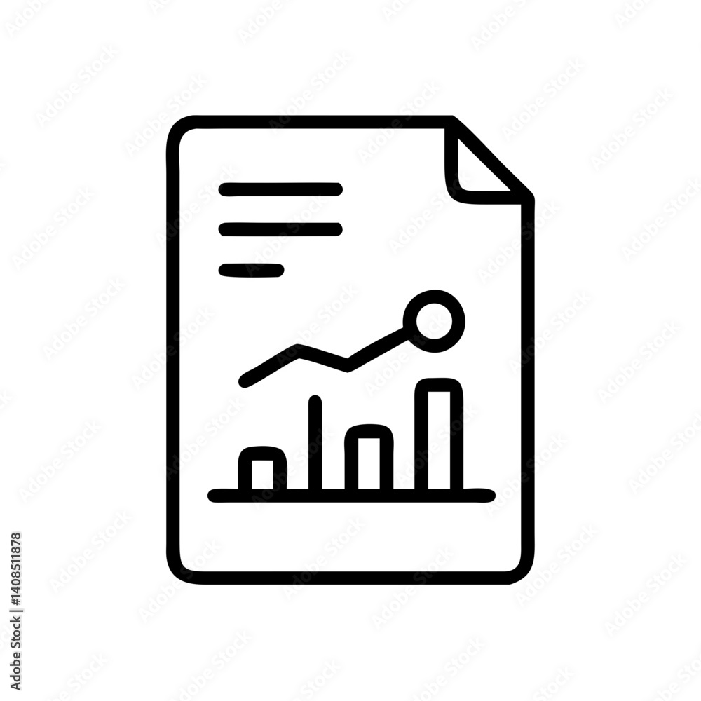 Poster a line drawing of a document with a bar graph and a line graph on it shown in black and white style