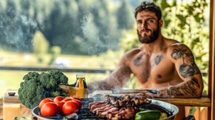 Shirtless man grilling meat and vegetables on barbecue