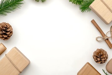 Rustic Holiday Arrangement with Pinecones, Gifts, and Greenery Display